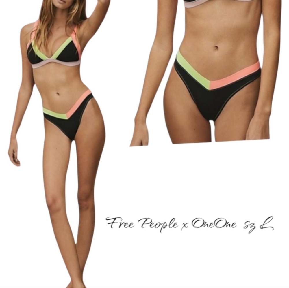 Free People x OneOne Jesse Bikini Bottom Ribbed Colorblock Neon Size L